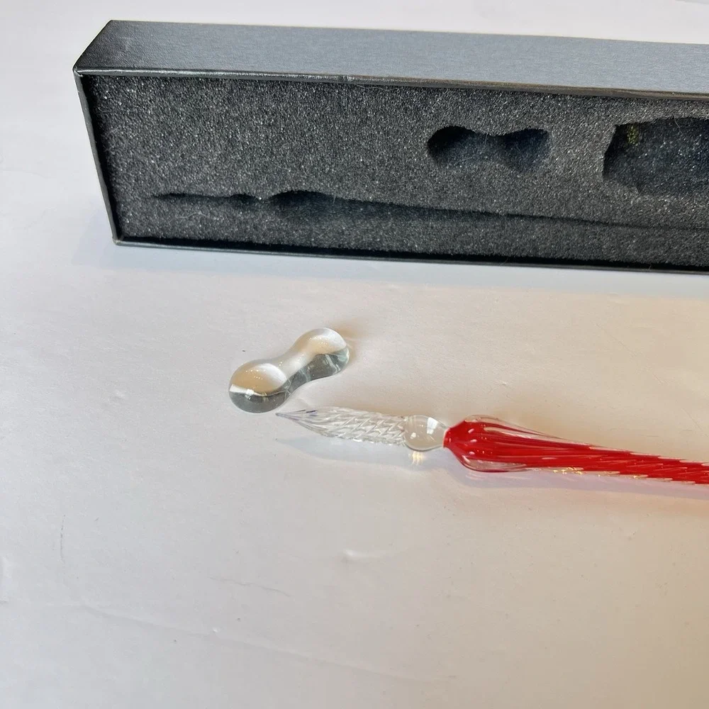 Hand Blown Red Glass Dip Pen Set with Rest and Box Spiral‎ Twisted Calligraphy